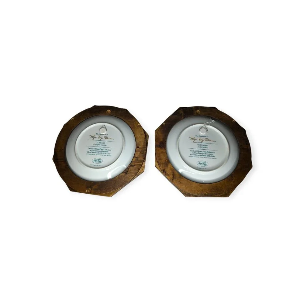 Vintage Roger Tory Peterson Flickers & Bluebird Ceramic Plates Framed 24 kt Gold
